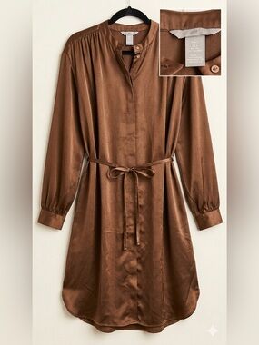 H&M Satin Shirt Dress in Rich Brown